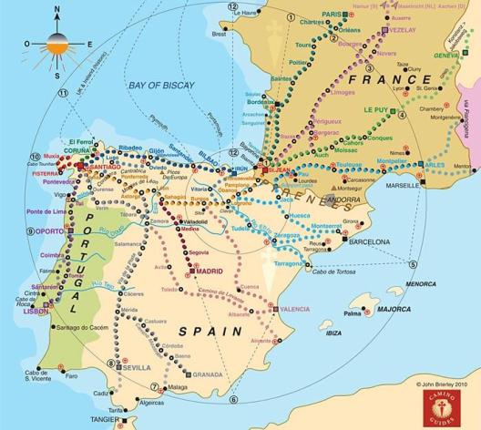 Map of the the network of the Camino de Santiago